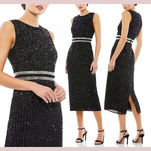 NWT Mac Duggal [ 10 ] 10509‎ Sleeveless High Neck Beaded Midi Sheath Dress Black
